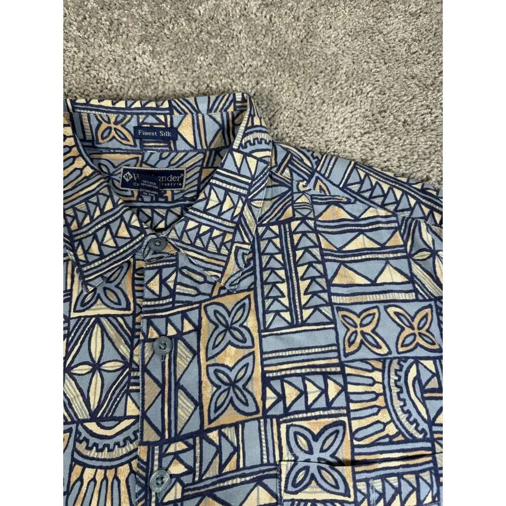 Weekender Shirt Mens 2XL Blue Geometric Short Sleeve Button Up Silk Cotton